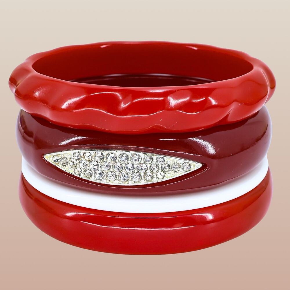 Lucite Acrylic Bangle Stack Lot Of 4 Red White Rhinestones 2 3/8 in